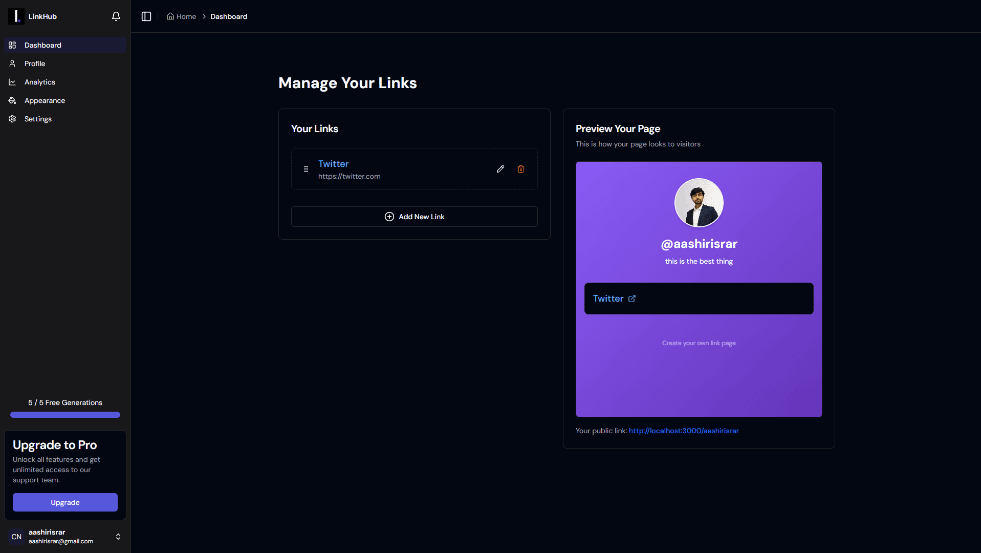 LinksHubb Dashboard Interface